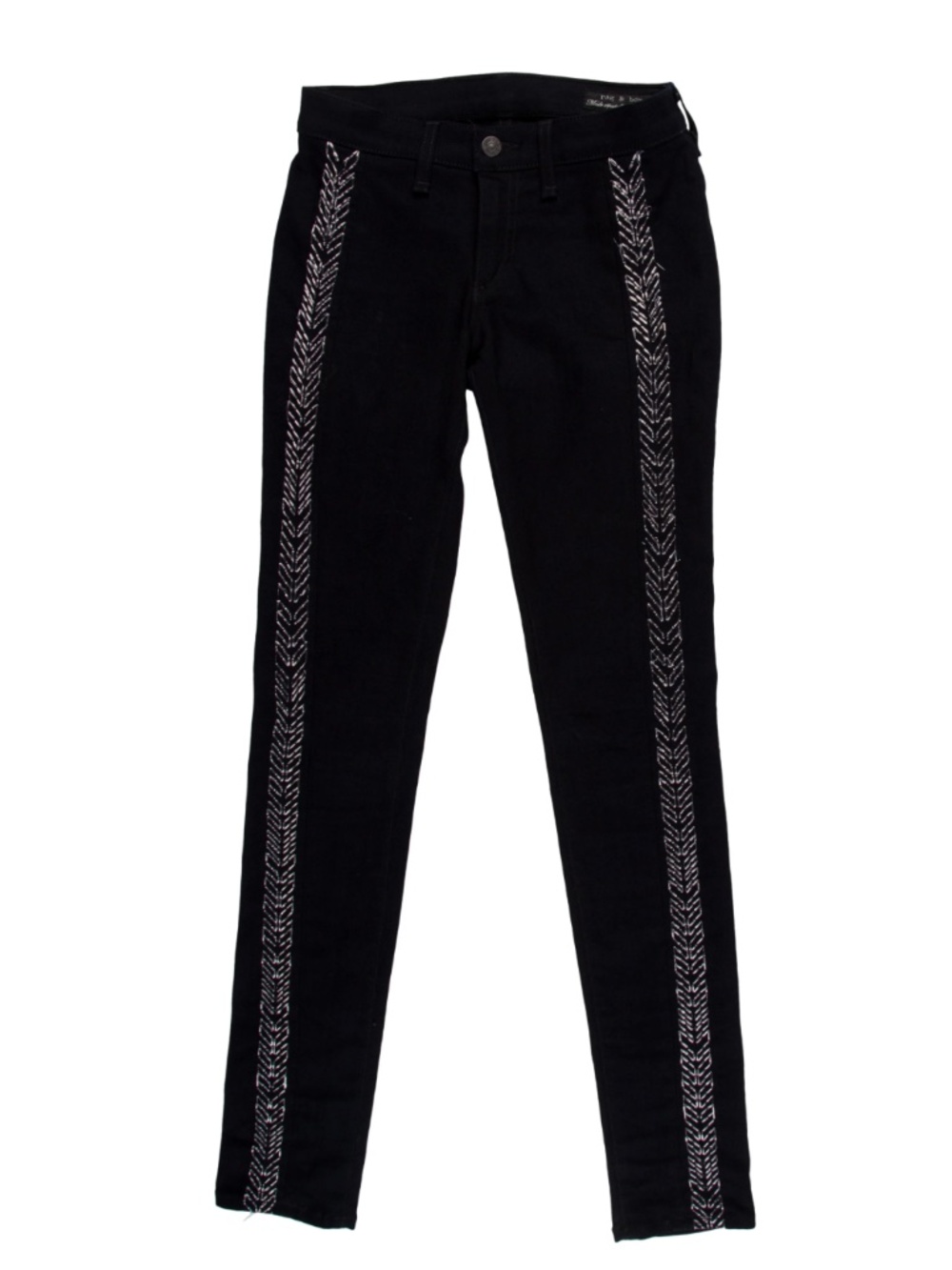 Rag & Bone Black Skinny Jeans with Silver Embroidery, Size 24